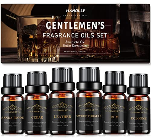 HANOLLY Aceites Esenciales Hommes 6x10ML, Juego de Aceite Esencial Naturales para Humidificador Difusor Velas Jabones perfumes Hogar - Sandalo, Cedro, Tabaco Dulce, Ron, Colonia, Cuero