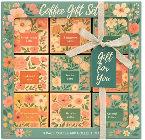 Premium Coffee Gift Set – 9 Pack Flavoured Coffeee Mix Collection | 5 Latte Flavours & 4 Coffeee Flavours | Luxury Coffee Gifts for All Occasions, Christmas Gifts for Men Women