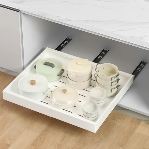 Teleskopschublade Küche Ausziehbare Schublade,Nachrüsten Schubladeneinsatz,Ausziehbarer Schrank Organizer,Küchenschrank Verstellbare Breite,Erweiterbar Ausziehbare Schublade,32-52x42x7.5cm (Weiß 1PC)