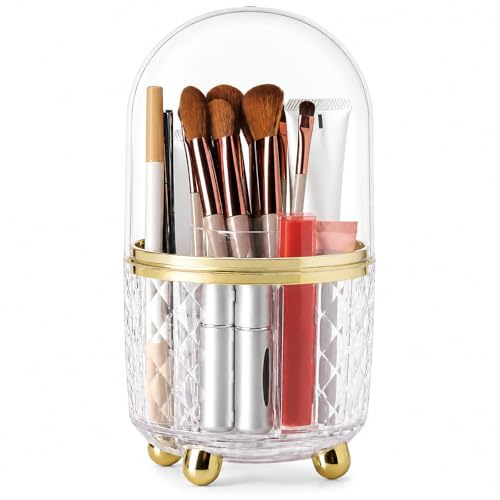 FAVORTALK 360° Drehbar Make up Organizer, Pinselhalter Make-up Pinselhalter Kosmetik Pinsel Halter Organizer Make-up-Pinsel-Organizer mit Deckel für Schminktisch, Badezimmer, Schlafzimmer (Gold)