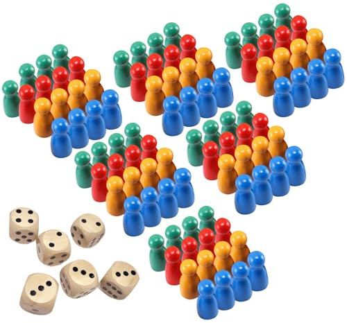 HTTDSLF 96 Stück Spielfiguren für Brettspiele, Bunte Spielfiguren, Spielfigurin Holz mit 6 Würfel, Spielfigurin aus Holz für Brettspiele, Rot, Gelb, Blau, Grün