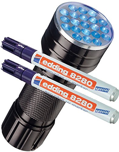 Edding pennarello speciale Edding 8280 UV Marker invisibile, 1,5–3 mm, incolore, UV Marker + UV Lampe, Confezione da 2