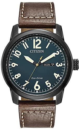 Citizen Men's Eco-Drive Weekender Garrison Field Watch in Black Ion Plating Stainless Steel with Brown Leather Strap, Navy Dial (Model: BM8478-01L)