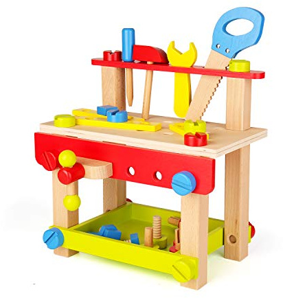 SainSmart Jr. Wooden Bench Workbench with Tools for Toddlers, Kids Creative Building Set Construction Toy for 3+ Years Old and Up
