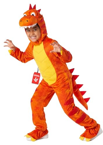 Morph Orange Dinosauriedräkt för Barn - T-Rex Kostym med Karaktärshuva, Svans & Tänder, Halloween & Bokdag, 7-9 År