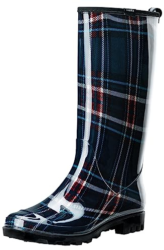 HISEA Women's Tall Rain Boots Slim Calf Waterproof Garden Boots Fashion Printed Rubber Boot Knee High Rain Shoes for Outdoor Gardening Yard Mud Work, Size 8 Plaid Navy