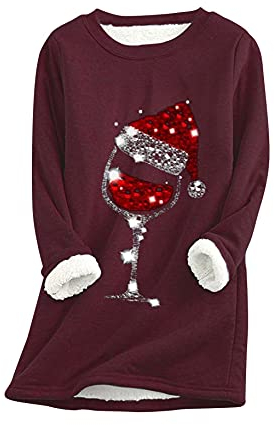 YMING Donne Maglione Girocollo Autunno Natale Bicchiere da Vino Teddy Fleece Maglione A Maniche Lunghe Bordeaux 3XL