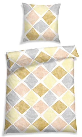 Schiesser Bettwäscheset Eileen | Renforcé | 100% Baumwolle aus nachhaltiger Produktion | 135x200cm + 80x80cm | Gelb-Grau