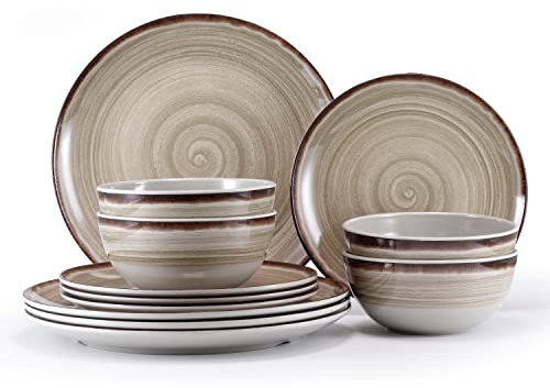 Melamine Dinnerware Sets, Dinnerware Sets for 4, 12Pcs Plates And Bowls Sets, Lightweight and Unbreakable Dish Set for Camping, Picnic,RV, Dishwasher Safe,BPA Free（Brown）