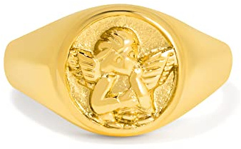 BENIQUE Gold Silver Chunky Signet Stackable Pinky Ring for Women Men, Guardian Angel Cherub, Tarnish-Resistant 18K Gold Plated Stainless Steel Size 3 4 5 6 7 8 9 10 11 (AngelSignet/G8)