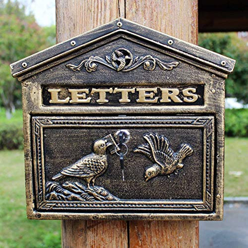 Sudemota Mailbox Small Birds Design Locking Mails Drop Box Wall-Mounted, Vintage Letters Mailbox for Garden Fence, Older House & Brick Church (Color : Brass)