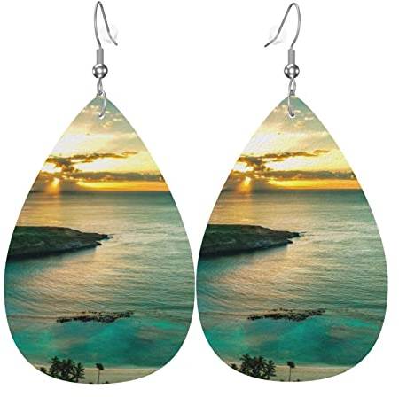 Sonnenaufgang über Hanauma Bay Oahu Hawaii Ohrringe für Damen Ohrringe, Lederohrringe für Mädchen, Neuheit Tropfen-Ohrringe, stilvoll und schön., Einheitsgröße, Leder, Kein Edelstein