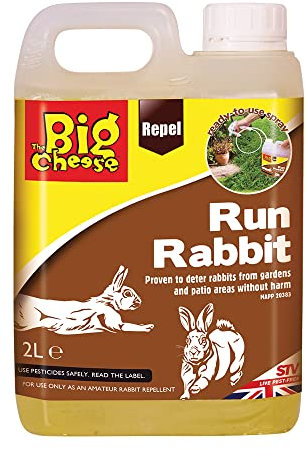 The Big Cheese Run Rabbit Repellent – 2 L with Backpack Sprayer. Ready-To-Use. Humane Deterrent. Prevents Burrowing, Foraging and Fouling. Ideal for Gardens, Flowerbeds, Crops and Patio Areas