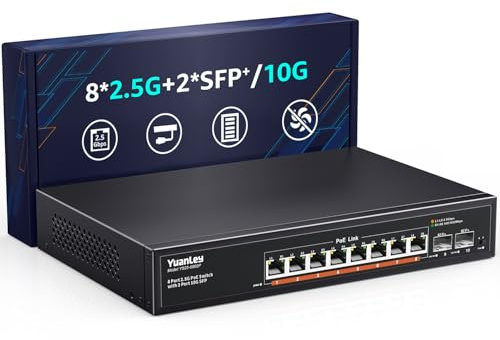 YuanLey 10 Port 2.5G PoE Switch No Administrado, 8 x 2.5G Base-T Puertos PoE, 2x10G SFP, IEEE802.3af/at, 120W, Compatible con 100/1000/2500Mbps, Metal Fanless, Montaje en Rack Conmutador de Red 2.5Gbe