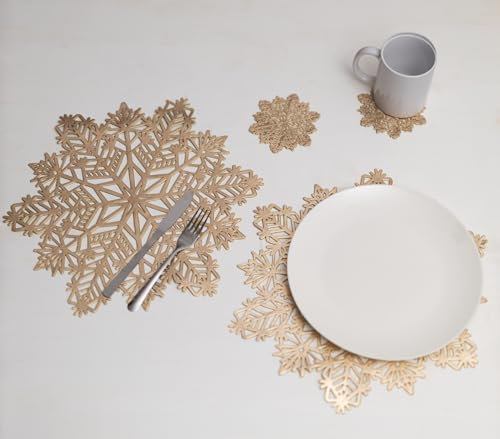 Marco Paul Snowflake Placemats And Coaster Sets 6 pc - Hard Wearing PVC Vinyl Gold Christmas Place Mats For Table - Easy Clean Christmas Place Mats Set Of 6 For Home Restaurant Dining Table Mat