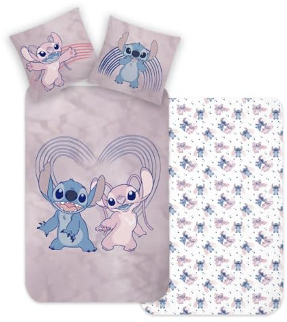MTOnlinehandel Stitch Bettwäsche Bettbezug 135x200 80x80 Biber Baumwolle · Kinderbettwäsche Teenagerbettwäsche Valentinstag Love Stitch & Lilo Biber Geschenk · 2 teilig (Flanell)