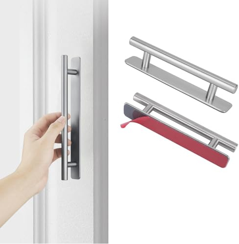 JIZZU Adhesive Kitchen Cupboard Handles, 2Pcs Stick On Door Pull Handles | No Drilling Stainless Steel Cupboard Door Handle for Kitchen Cabinet Toilet Garage Shed Barn (150mm x 25mm)