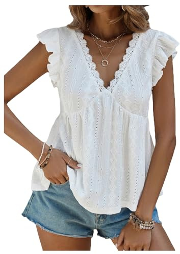 SweatyRocks Women's Lace Trimmed V Neck Ruffled Sleeve Flared Eyelet Tank Blouse Top White Medium