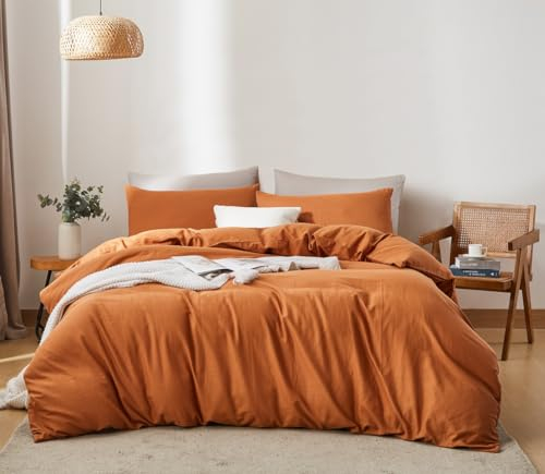 Lanqinglv Doppelte Musselin Bettwäsche 135x200 Baumwolle Leinen,ÖKO-TEX Bettwäsche Karamell Braun mit Reißverschluss,1 Bettbezug mit Reißverschluss und 1 Kissenbezug 80x80cm