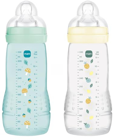 MAM | Biberon Easy Active 6+ Mese Colore Ghiaccio + Perla (confezione da 2 x 330 ml) – con ciuccio in silicone a flusso X velocità ultra veloce – per neonati chiusura ermetica