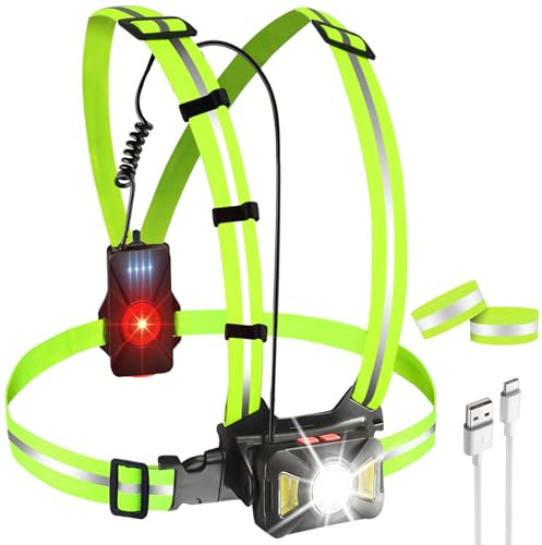 Luce da corsa con riflettori: luce da corsa a LED, ricaricabile con USB, 3 modalità di luce IPX6, impermeabile, angolo di diffusione regolabile 65°, lampada toracica per jogging, campeggio
