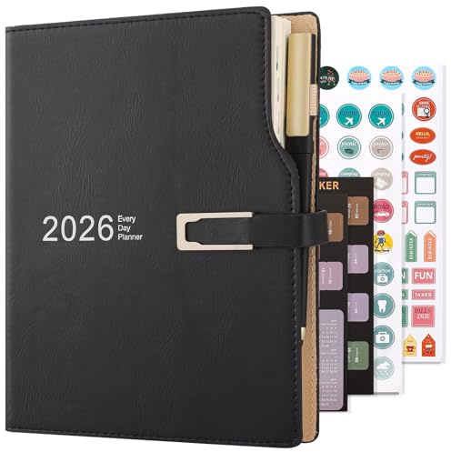 Diario accademico 2026, formato A5, agenda giornaliera con adesivi per calendari, agenda con portapenne e penna, carta spessa di alta qualità, 14 x 21,5 cm (nero)