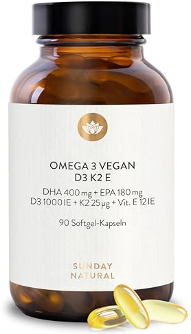 SUNDAY NATURAL® D3 K2 Omega 3 Vegan – Premium K2 MK7 99,8% All-Trans 25µg, 1000mg Algenöl DHA + EPA, 1.000IE Vitamin D3 pro Kapsel – 90 Softgel Kapseln – Laborgeprüft
