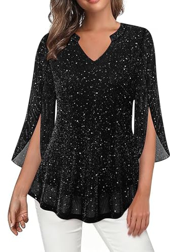 Ybing Camicette e tuniche da donna eleganti con glitter a 3/4, maniche a 3/4, con paillettes scollo a V, camicetta Y2K, tunica festiva, leggera, per feste, maglietta sottile con glitter, Nero , XL