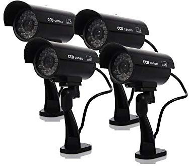 Rheme Dummy Security Camera, Fake CCTV Surveillance System with Realistic Red Flashing Lights and Warning Sticker for Indoor Outdoor 4 Pack