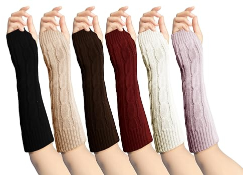 6 Pairs Arm Warmers Womens Fingerless Gloves Cable Knit Thick Thermal Fashion Premium Forearm Sleeve