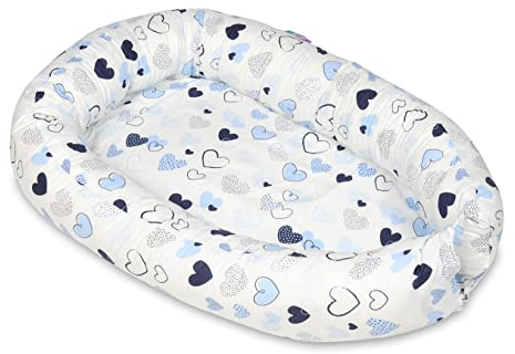Velinda Riduttore,nido,culla,culletta,bozzolo per letto,neonato,100% cotone (motivo: cuori blu)