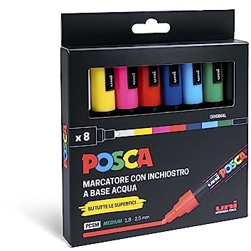 POSCA - Uniposca Set con Pennarelli Acrilici Punta Tonda 1.8 - 2.5 mm, Colori per Tessuti, Legno, Vetro e Altro, Pennarelli Acquerellabili Uni Posca Professionali e Cartoleria, Resistenti a Acqua/Luce
