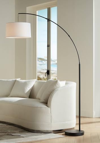 360 Lighting Cora Mid Century Modern Arc Floor Lamp 72 Tall Black Metal White Linen Fabric Drum Shade Decor for Living Room Reading House Bedroom Home Office House