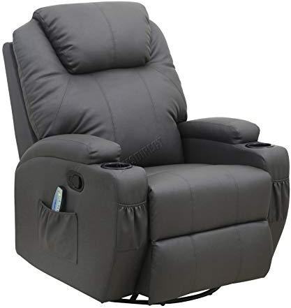 WestWood Bonded Leather Massage Cinema Recliner Sofa Chair Armchair Swivel Rocking With Heating Function Cup Holder Grey