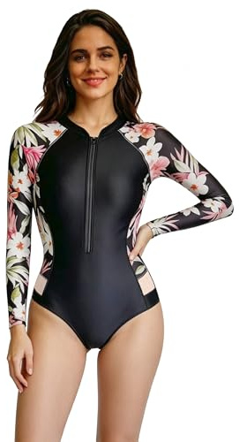 Beachkini Traje de baño para Mujer con protección Solar, Traje de baño de Manga Larga, Ropa de Surf de una Pieza con Cremallera,Peonía Negra,M