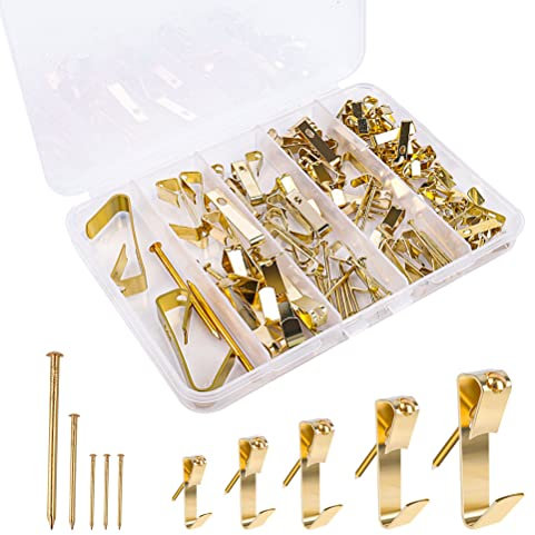120 Pièces Crochet pour Cadre Photo, Kit de Crochets d'Image Crochet Mural Tableau en Acier Inoxydable avec Clous pour Fixation Cadres Photos Miroirs Œuvres D'art (5 Tailles, Or)