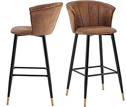 MEUBLE COSY Barhocker 2er Set Barstuhl mit Lehne Armlehne und Fußstütze aus Wildleder Metall Tresenhocker Bistrohocker für Bar Bistro Café Küche, Braun