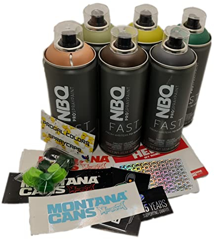 PROGAL COLORS NBQ FAST CAMUFLAJE PACK (6x Spray 400mL + 6x Difusor/Cap + Kit de Pegatinas) Pintura en Spray de Alta presión Acabado Mate Multisuperficie Muralismo y decoración