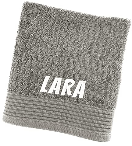 Schnoschi Handtuch mit Namen oder Wunschtext Bestickt, personalisiertes Duschtuch, individuelles Badetuch, Saunatuch oder Gästehandtuch mit Initialen, 100% Baumwolle, 30 x 50 cm grau