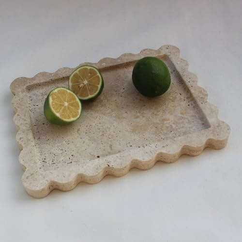 Natural Luxury Scalloped Marble Tray 10.8x8, Rectangle Vanity Tray for Bathroom Kitchen Counter, Decorative Tray for Dresser Home Decor - Beige Travertine