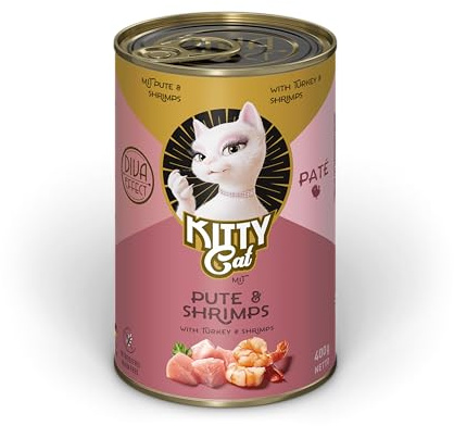 KITTY Cat Paté Pavo & Camarones 6 x 400 g Comida húmeda para Gatos sin Cereales con taurina, Aceite de salmón y mejillón de Labios Verdes, pienso Completo con Alto Porcentaje de Carne, Fabricado en