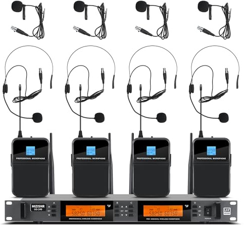 MIZISNR 4 Channel UHF Wireless Microphone System with Lavalier Headset Mics, 4x1000 Adjustable Frequencies, Ideal for Karaoke Meeting Church, 300ft Range (4 Bodypack)