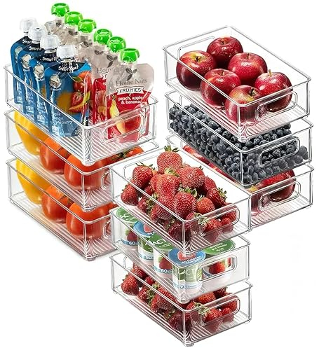 Home & Treat 9 Pcs Clear Fridge Organiser Bin with Handles | 3 Sizes {3-Small, 3-Medium, 3-Large} | Multifunction Refrigerator Storage Boxes, Drawers, Trays, Containers for Kitchen Pantry Cupboard