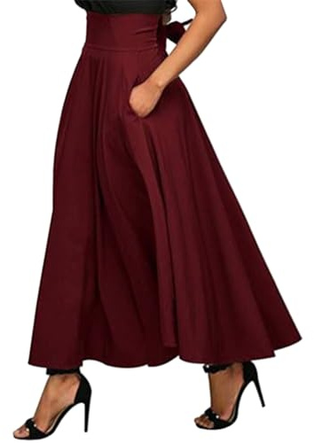 ORANDESIGNE Jupe Longue Femme Ete Taille Elastique Maxi Jupe Fluide Boho Rétro Mode Élégant Couleur Unie Jupe Plissee Trapeze Plage Casual Skirt Ete F Bordeaux S