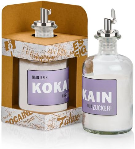 Geniess-Bar! Zuckerstreuer Glas KEIN KOKA!N-NUR ZUCKER! mit Geschenkbox Zucker & Edelstahl Ausgiesser gefüllt Lila pastell