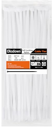 Oksdown 100 Pack White Plastic Cable Ties 300mm×4.8mm Strong Nylon Heavy Duty Self Locking 12 inch/30 cm Long Zip Tie Wraps