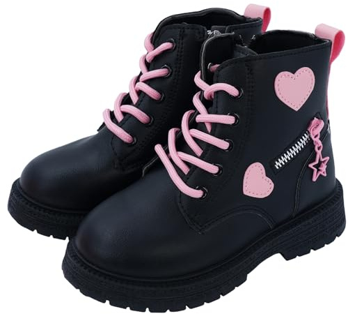 FEOYA Bambino Ragazza Stivali Antiscivolo Ankle Boot Impermeabile Stivaletti Lacci Pelle Zippata Scarpe Moda 23-31 EU, Nero , 25 EU