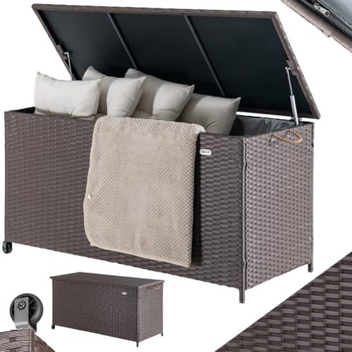 BAKAJI Baule Portaoggetti da Giardino in Polyrattan 420 Litri, Box da Esterno Impermeabile Resistente ai Raggi Uv, Cassapanca XXL con Ruote per Trasporto e Maniglia, 121 x 55 x 60 cm (Marrone)