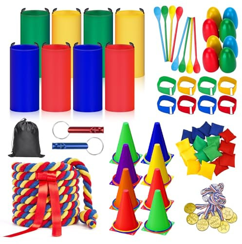Redllo 87 Pcs Carnival Outdoor Games Potato Sack Race Bags for Kids Adults Bean Bags Ring Toss 3 Legged Relay Race Tug of War Rope Backyard for Birthday Party Field Day Family Christian Church Games
