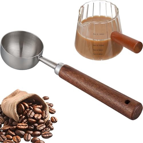 DIYJEP 30ml Misurino da Caffè in Acciaio Inox con Tazza da Caffè Espresso da 180ml, Cucchiaio da Tavola per Misurare i Chicchi di Caffè Retrò con Manico in Legno, Accessorio da Caffè per Tè e Latte